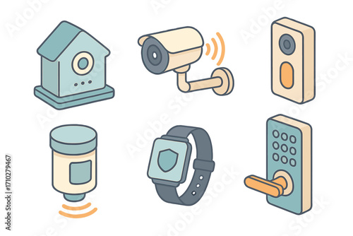 Smart home security vector icon set. Isometric illustrations of safety technology. Automation system with camera, lock, sensor, doorbell, and smartwatch for IOT concept.