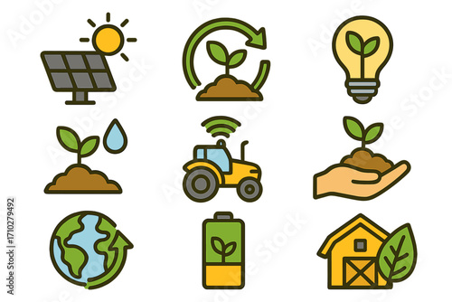 Sustainable agriculture and smart farming icon set. Green technology and nature symbols for modern eco farming. Vector collection with solar panel, smart tractor, and plant.