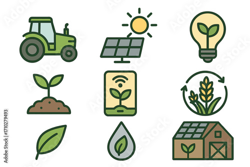 Sustainable agriculture icon set for smart farming. Eco-friendly agritech with green energy, nature, and crop symbols. Vector cartoon illustration for modern farm technology.