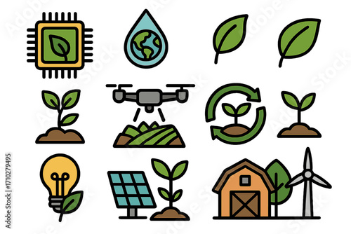 Sustainable technology and nature icons for modern agriculture. Vector set with agritech concepts like smart farming, drone, solar panel, wind turbine, and eco innovation.