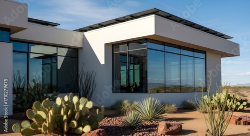 Modern Home Exterior in Desert Landscape with Large Windows | Contemporary House Design for Real Estate and Architecture Marketing