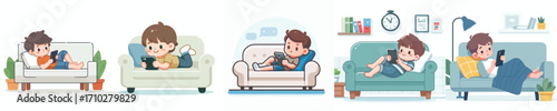 vector of a little boy sitting relaxed on the sofa playing with gadgets