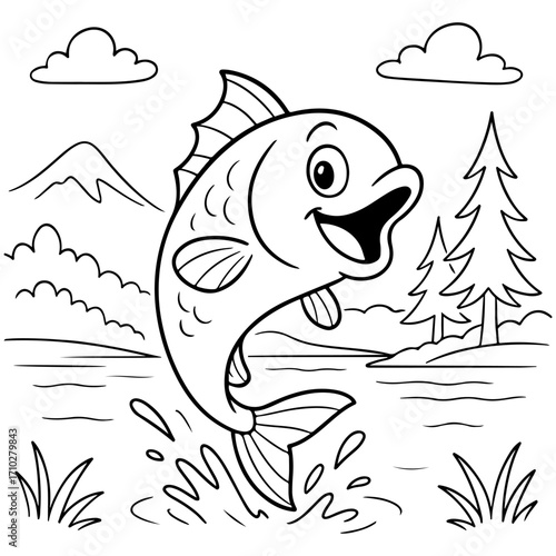 A charming coloring page showing a happy cartoon fish leaping from the water with a splash, set against a background of mountains, trees, and clouds.