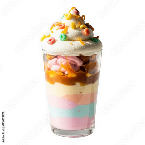 Deliciously layered rainbow ice cream dessert with whipped cream and cereal isolated on transparent background