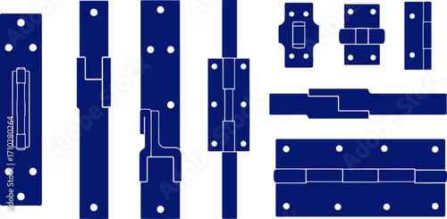 classic blueprints detailed graphics of vintage door hinges and latches, isolated on transparent background