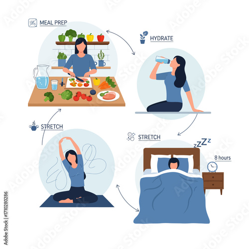 Vector illustration of healthy lifestyle daily routine.