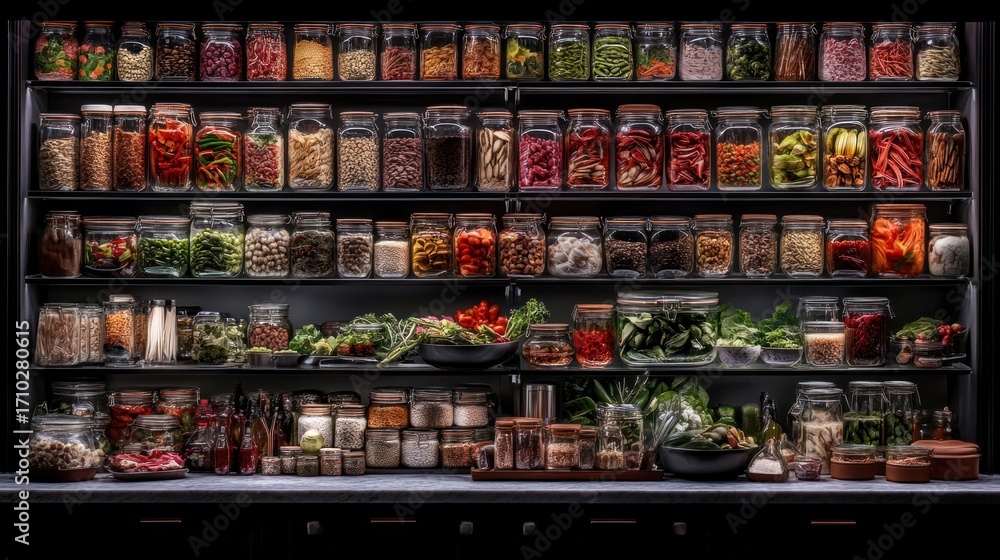 Naklejka premium Illuminated Pantry: A Symphony of Culinary Ingredients in Glass Jars