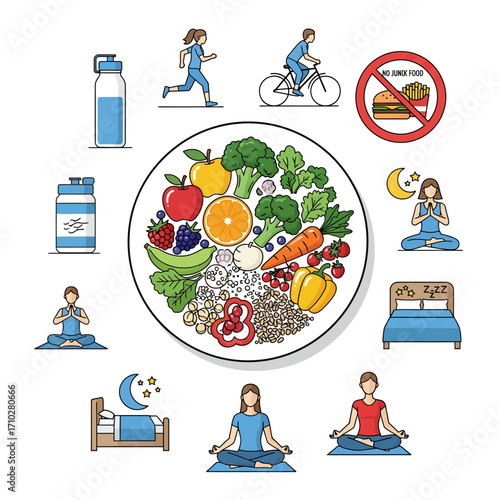 Vector illustration of healthy lifestyle daily routine.