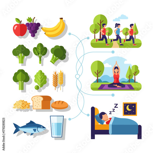 Vector illustration of healthy lifestyle daily routine.
