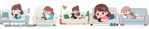 vector of a little girl sitting relaxed on the sofa playing with gadgets