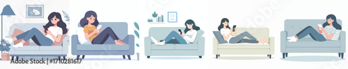 vector of a woman sitting relaxed on the sofa playing with gadgets