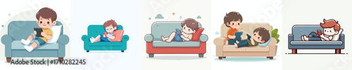 vector of a little boy sitting relaxed on the sofa playing with gadgets