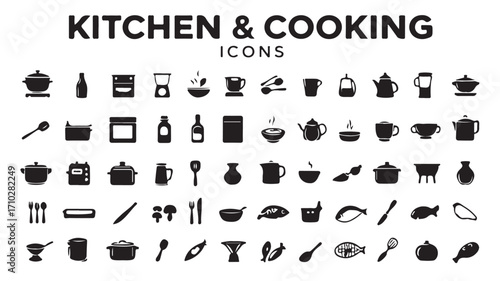 Kitchen and cooking icons with pots pans utensils appliances and food items in black silhouette style