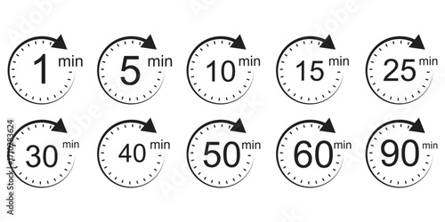 Timer, clock, stopwatch isolated set icons. Countdown timer symbol icon set. Label cooking time. Vector illustration.Set of analog clocks for every hour icon.Stopwatch icon from 1 to 60 minute timer