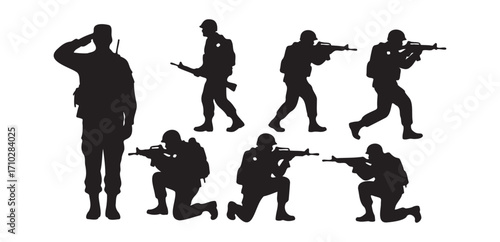 Soldier silhouettes set. Male military figures in various poses, including standing, saluting, walking, and kneeling, with guns. Army, navy, and marine corps concept.

