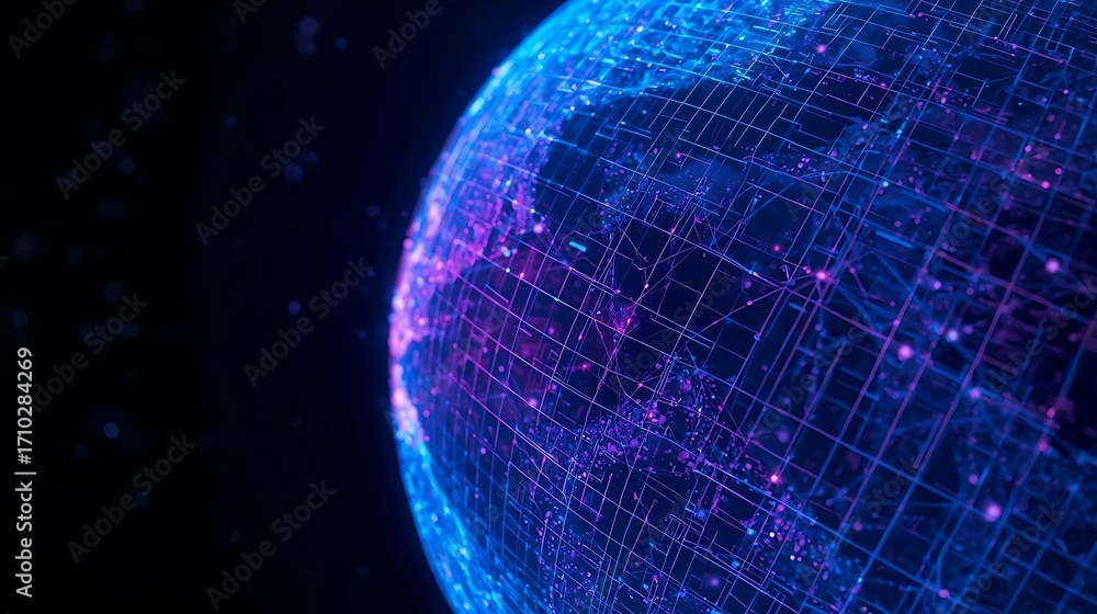 Fototapeta premium A glowing digital representation of Earth, with intricate lines and nodes suggesting a global network or data flow.