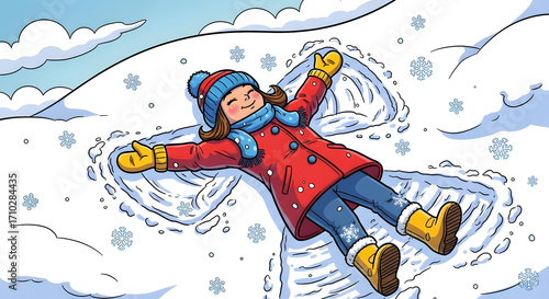 A happy young girl in a red coat and winter gear making a snow angel in a snowy landscape with falling snowflakes.