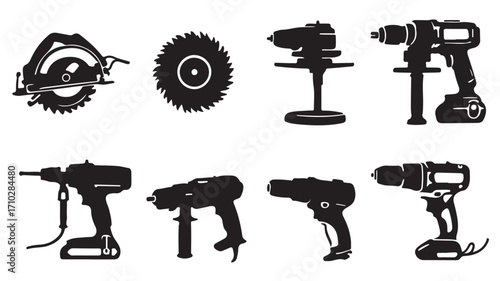 Power tool icons with saw drill grinder wrench and heat gun in black silhouette vector style