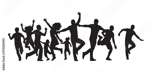 Family and friends jumping silhouettes. A group of people of all ages, including children, having fun and celebrating together. Joy, happiness, and active lifestyle concept.

