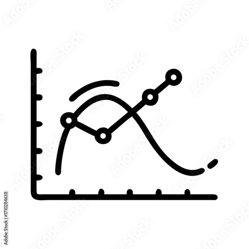 Illustration of a graph with two lines one curved and one straight with data points on a white background