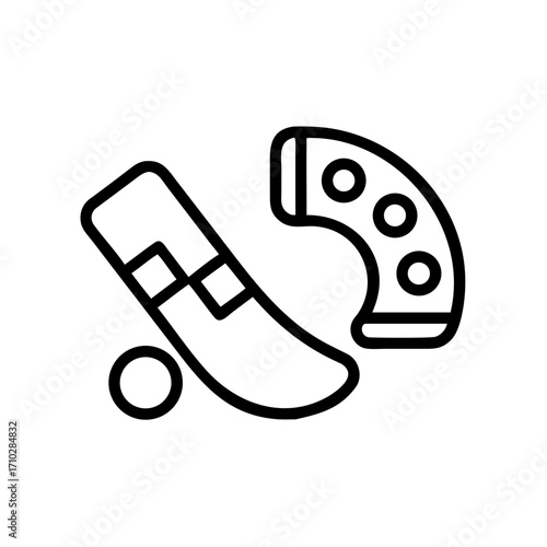 Illustration of a hockey stick with a puck and a protective elbow pad on a white background line art
