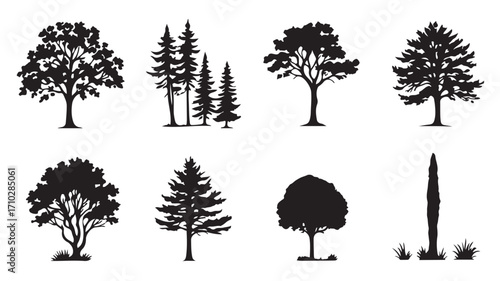 Tree silhouette icons with diverse canopy and foliage styles in black vector illustration