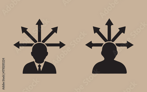 Two silhouetted figures with multiple arrows pointing outwards from their heads representing choices