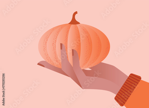 Hand holding small Pumpkin by stem. Autumn harvest vegetable symbol of Thanksgiving holiday. Festive seasonal design for celebration, greeting card, invitation and decoration. Vector illustration