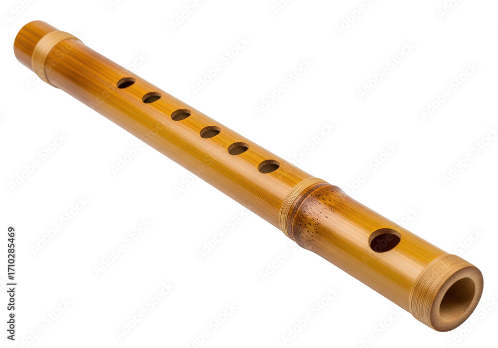 Naklejka premium Detailed view of a bamboo flute showcasing its craftsmanship, with a soft-focus background of nature
