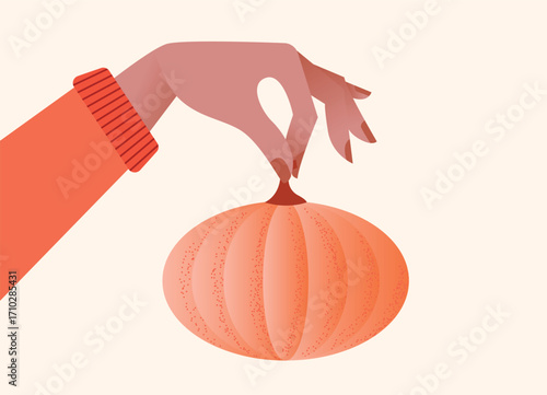 Hand holding Pumpkin. Autumn harvest vegetable symbol of Thanksgiving holiday. Festive seasonal design for greeting card, invitation, decoration and holiday celebration. Vector illustration