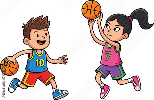 Cartoon kids playing basketball, boy dribbling ball, girl shooting hoop, fun sports activity, children game, teamwork, exercise, competition, illustration