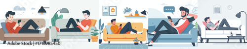 vector of a man sitting relaxed on the sofa playing with gadgets