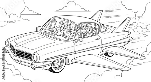 A family travels in a flying car through the clouds, a whimsical illustration.