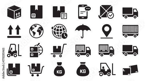 Shipping and logistics icons with packages trucks carts globe and delivery symbols in black vector style