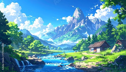 Serene mountain valley landscape with quaint village