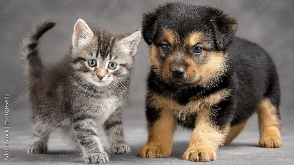 Fototapeta premium Adorable kitten and puppy duo on gray background