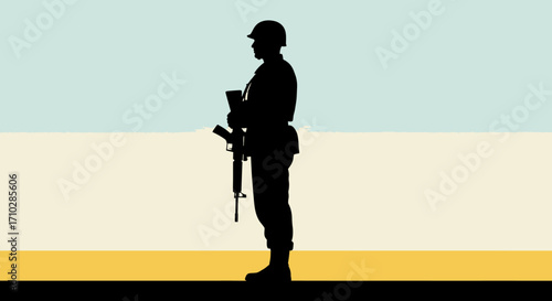 Silhouette of a soldier standing at attention, holding a rifle, against a backdrop of colored stripes.