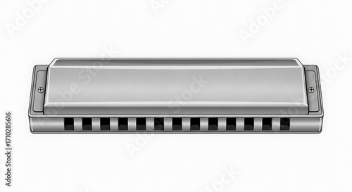 Photos A classic silver metal harmonica isolated on a white background.