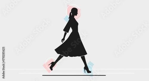 Minimalist graphic illustration of a woman's silhouette in a black dress and high heels, walking with confidence against a light background.
