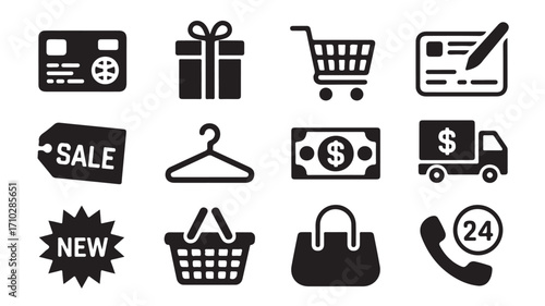 Shopping and commerce icons with cart credit card gift tag delivery and customer service in black vector style