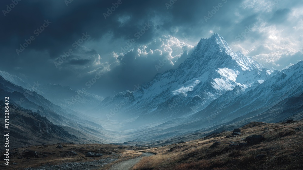 Obraz premium Snow Capped Mountains Under Dramatic Sky and misty valley landscape
