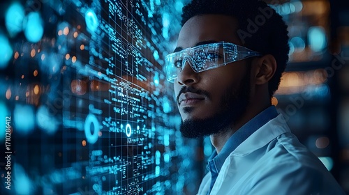 A focused scientist wearing futuristic goggles examines a complex digital data display