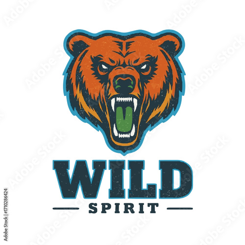 Fierce grizzly bear roaring with "Wild Spirit" text, perfect for rugged brands and adventure