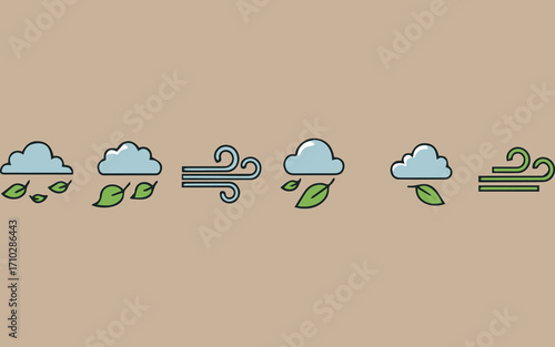 Set of weather icons representing wind rain and clouds with leaves