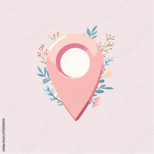 Elegant pink location pin icon adorned with a delicate floral bouquet. A beautiful symbol for a special place, romantic destination, or spring travel