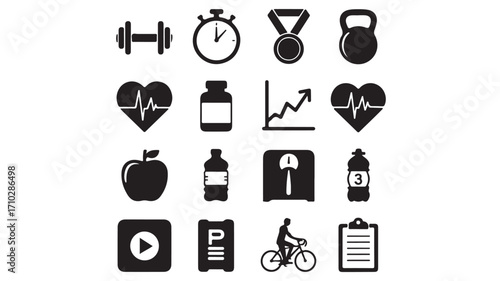 Health and fitness icons with dumbbell heart apple water and progress symbols in black vector style