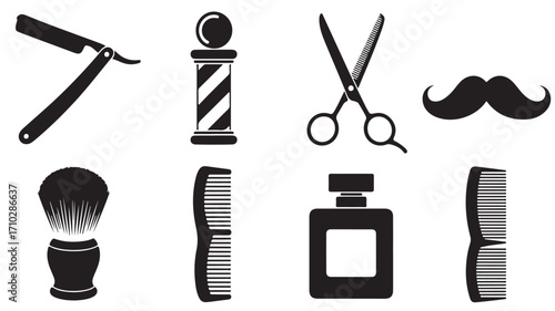 Barber and grooming icons with razor pole scissors mustache brush comb and bottle in black silhouette style