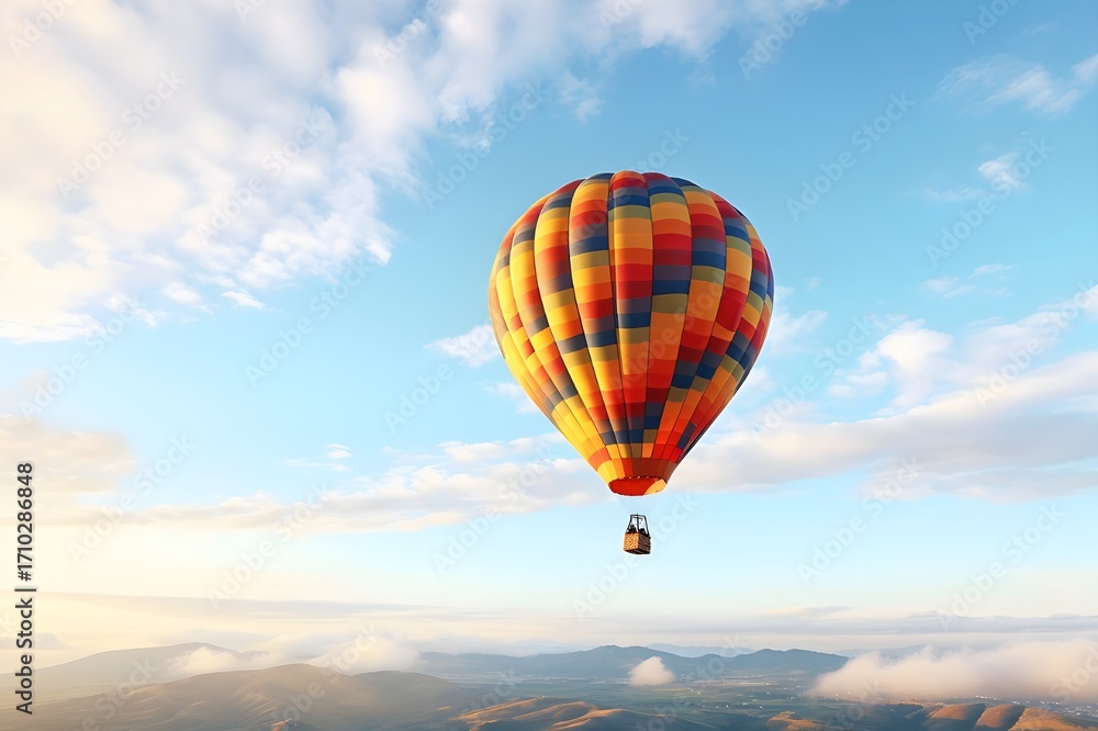 Obraz premium Vibrant hot air balloon soaring gracefully against a clear blue sky, colorful aerial adventure travel concept, festival flight photography, 8k ultra high resolution image