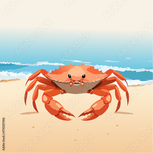 3D Krabbe, auf Sandstrand, Meereswellen im Hintergrund, fotorealistisch, warmes Licht