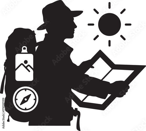 Explorer with Map Compass and Sun Silhouette traveler